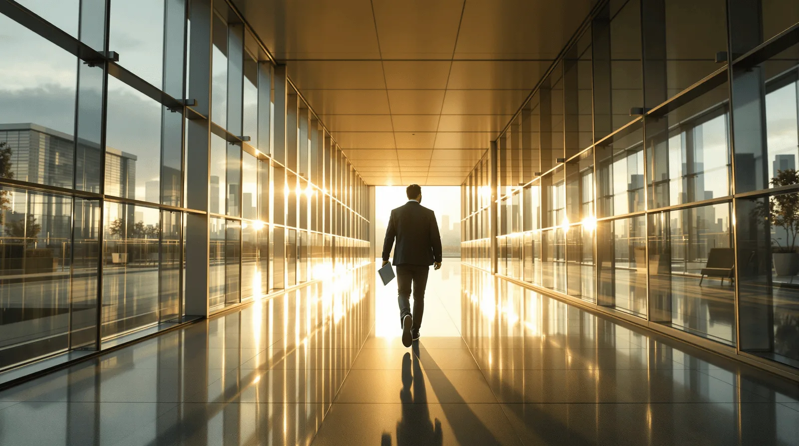 Executive walking forward through sunlit corporate campus glass corridor