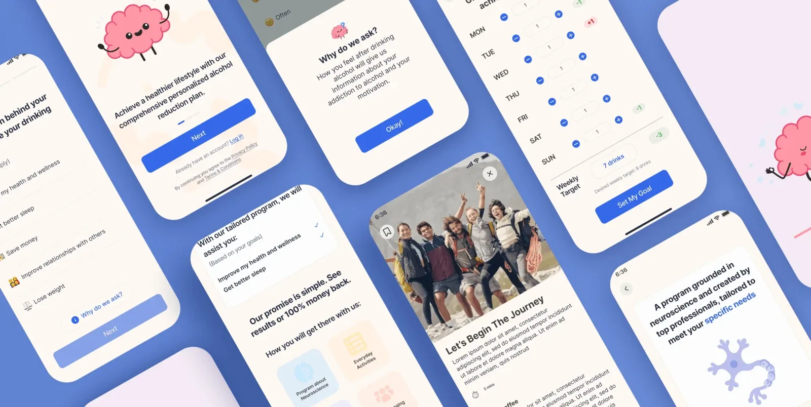 Unwine multiple mobile screens overview showcasing the complete health wellness app experience built by Neon Apps development team