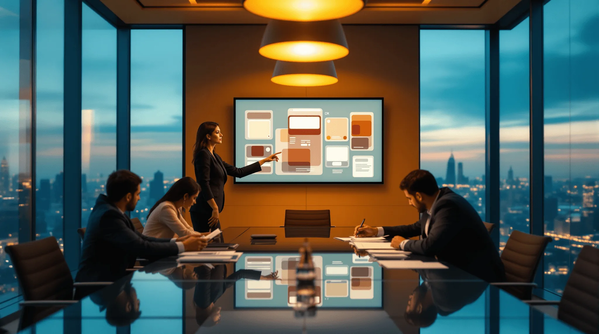 Executive presenting mobile project roadmap in corporate boardroom at dusk