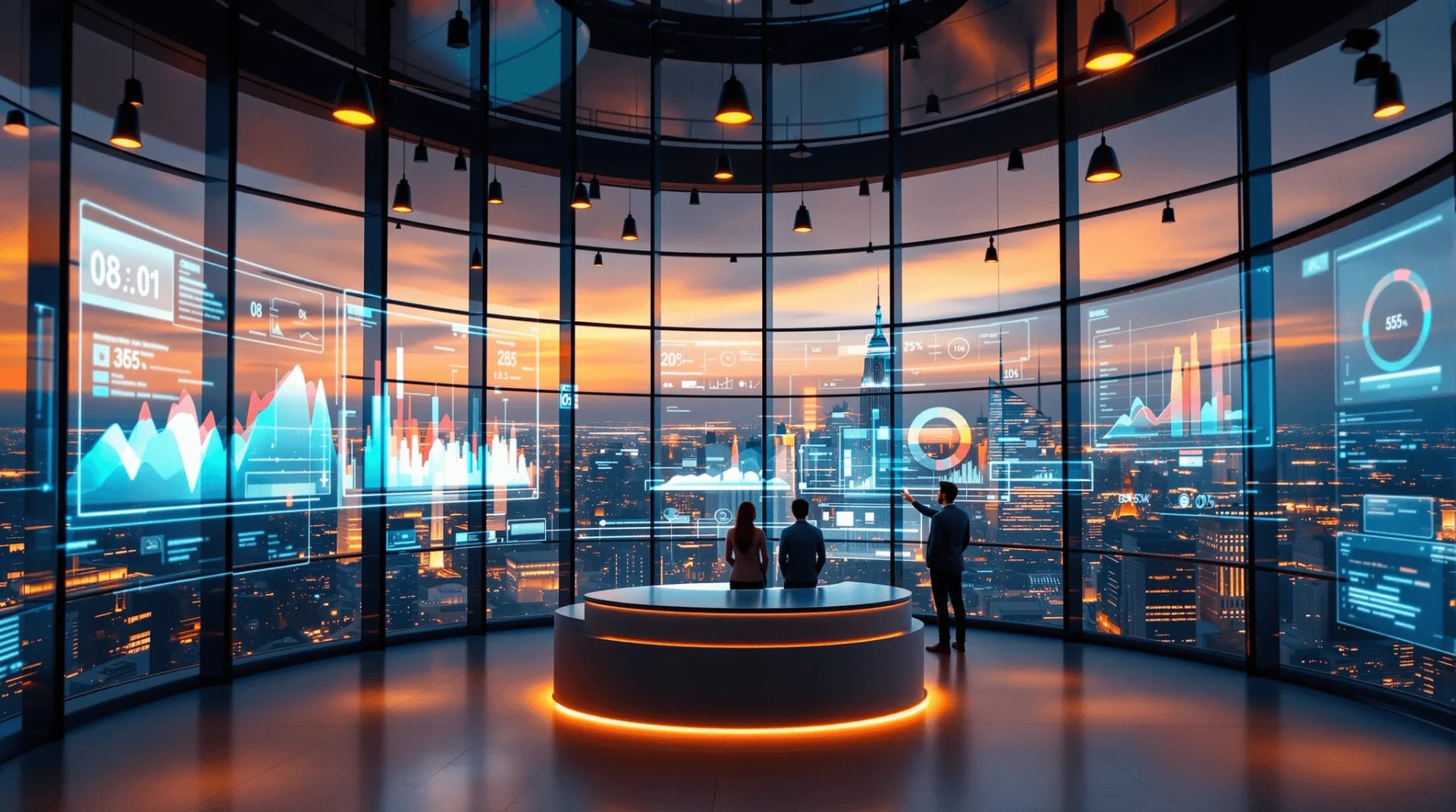 Three people working with holographic dashboards in a curved glass room above a night city