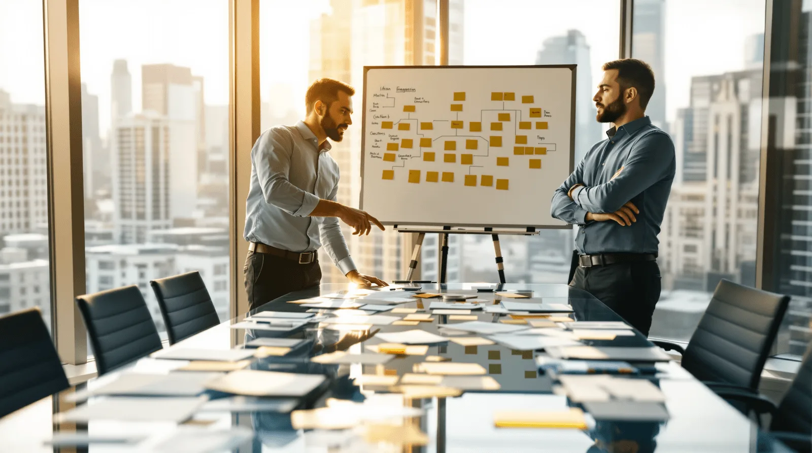 Two colleagues discussing a sticky note map on a whiteboard in a city view boardroom
