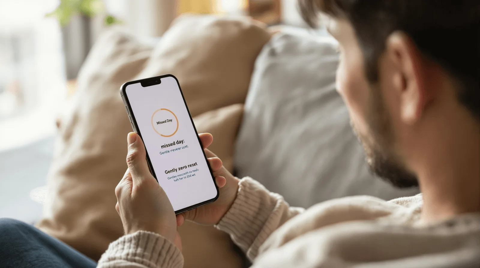 Person on a sofa reading a missed day gentle reset message in a habit app
