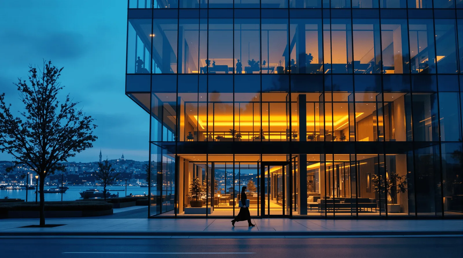 Professional walking toward a glass office building at dusk with city skyline behind