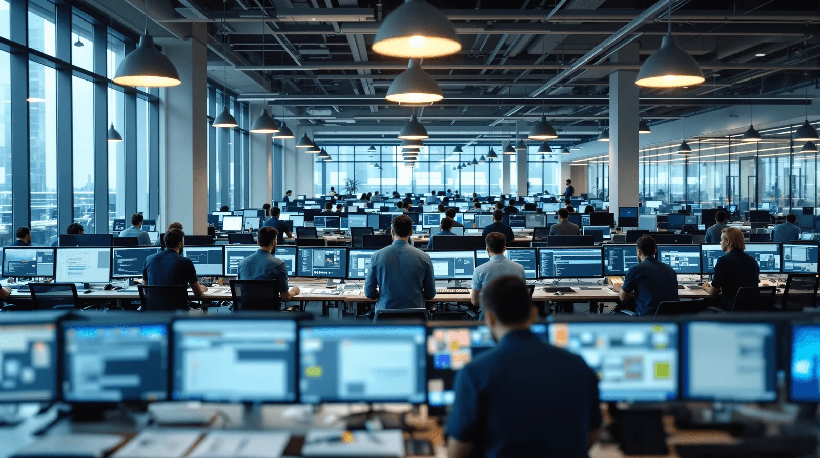 Operations team monitoring mobile app analytics, real-time performance dashboards, digital infrastructure, and business intelligence in a modern control center.