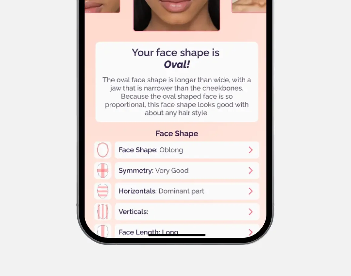 Hey Gorgeous detail or secondary feature screen displaying key beauty AI functionality of the mobile app developed by Neon Apps