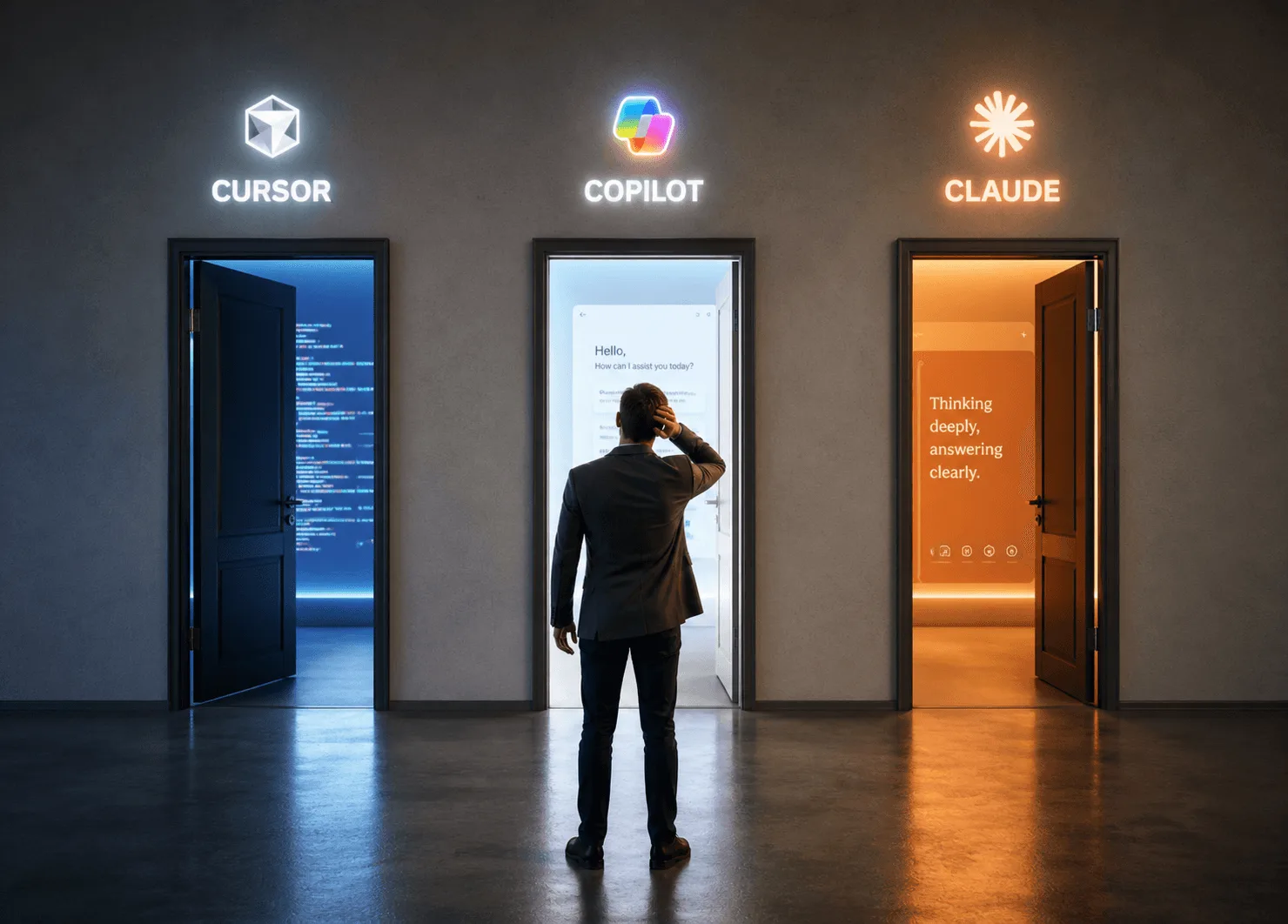 Developer choosing between three doorways labelled Cursor, Copilot and Claude