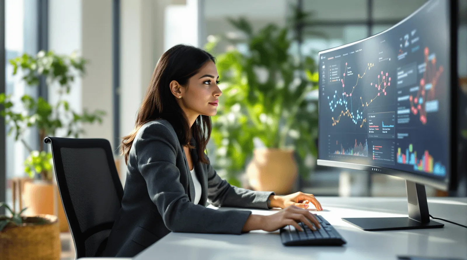 Data analysts monitoring performance dashboards and marketing metrics in a collaborative office environment.