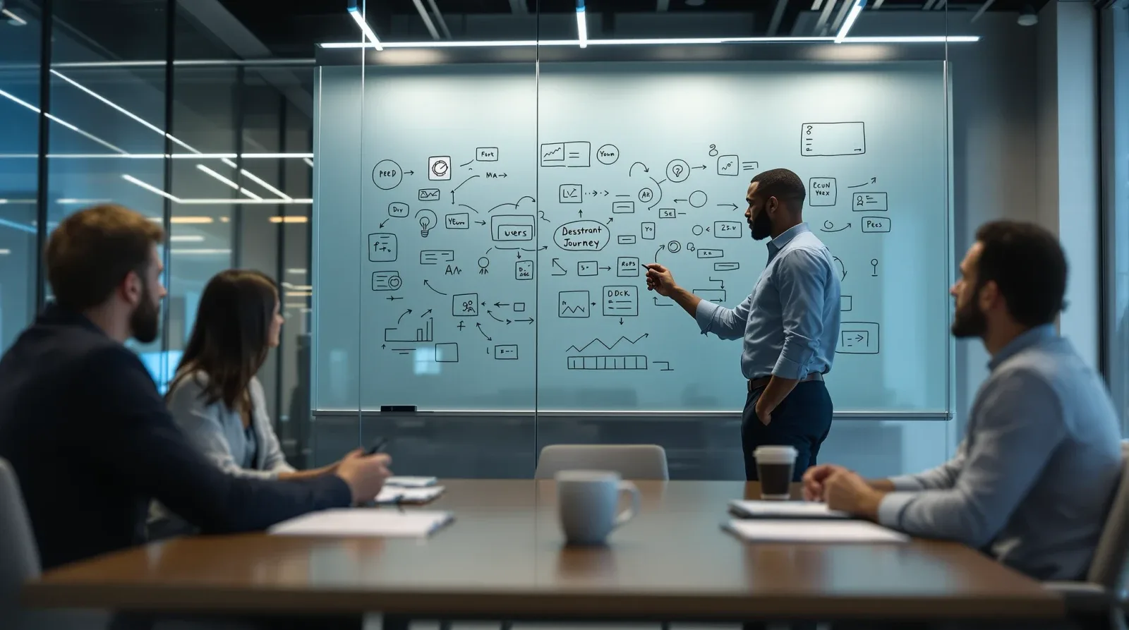 Designer walking a team through a user journey map on a glass whiteboard