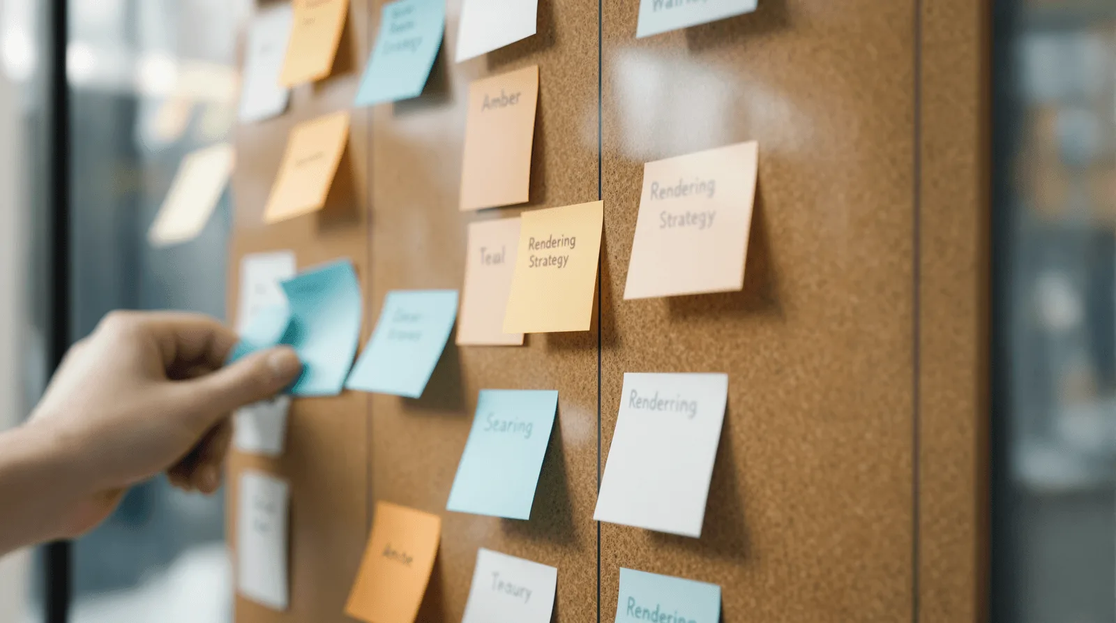 Sprint planning board with colour-coded cards representing rendering strategy stages