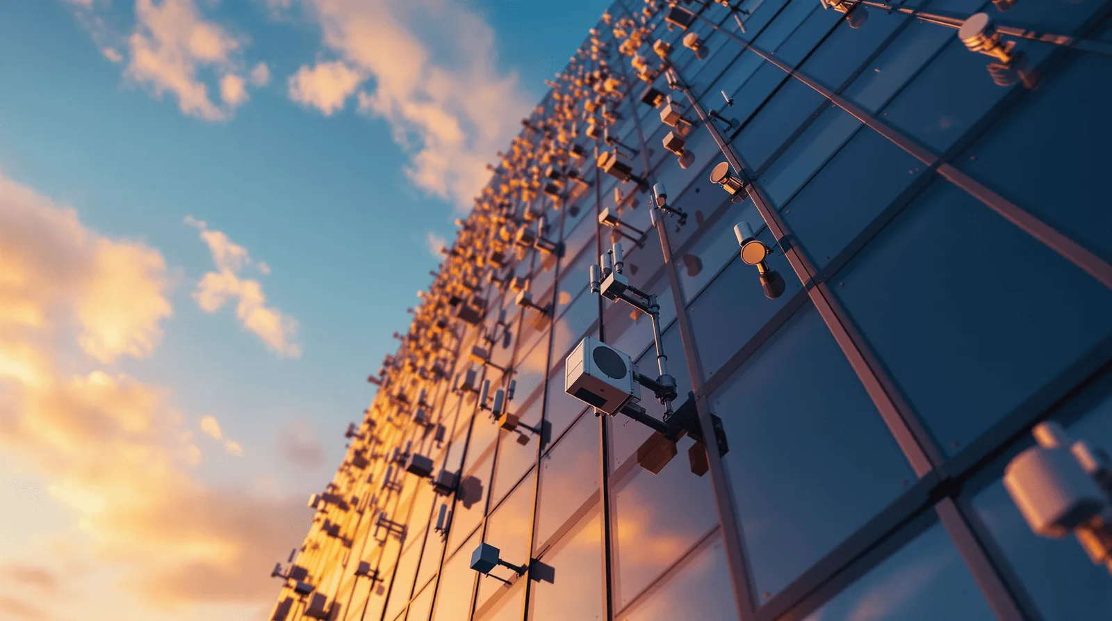 Wireless sensor array on glass office tower facade at golden hour