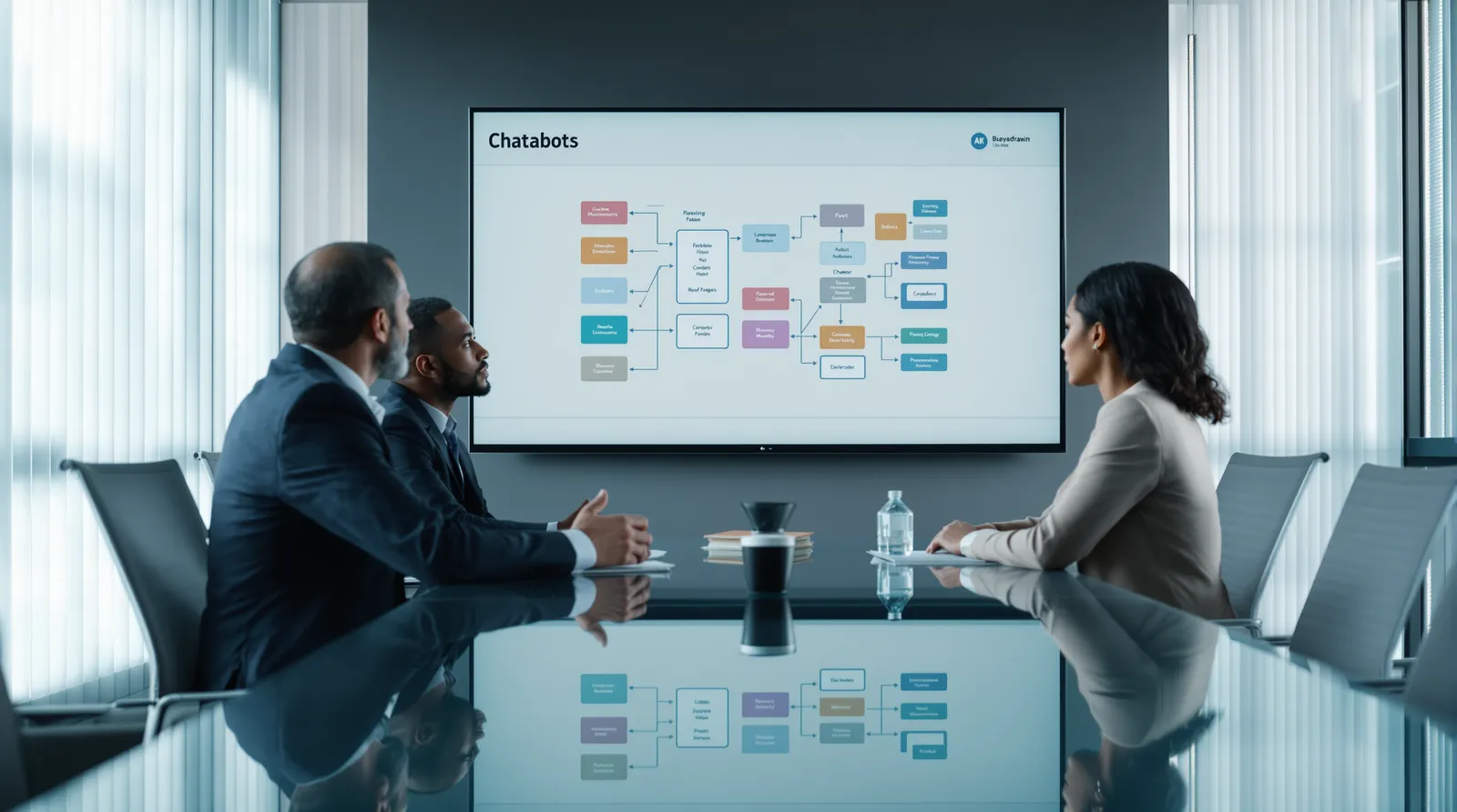 Toplantı odasında, “Chatbots” başlıklı mimari şemanın gösterildiği ekrana bakan üç meslektaş