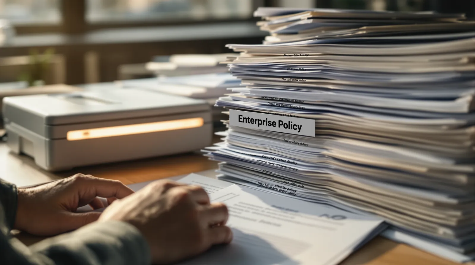 Masada bir tarayıcının yanında, “Enterprise Policy” etiketiyle ayrılmış yüksek bir basılı belge yığını