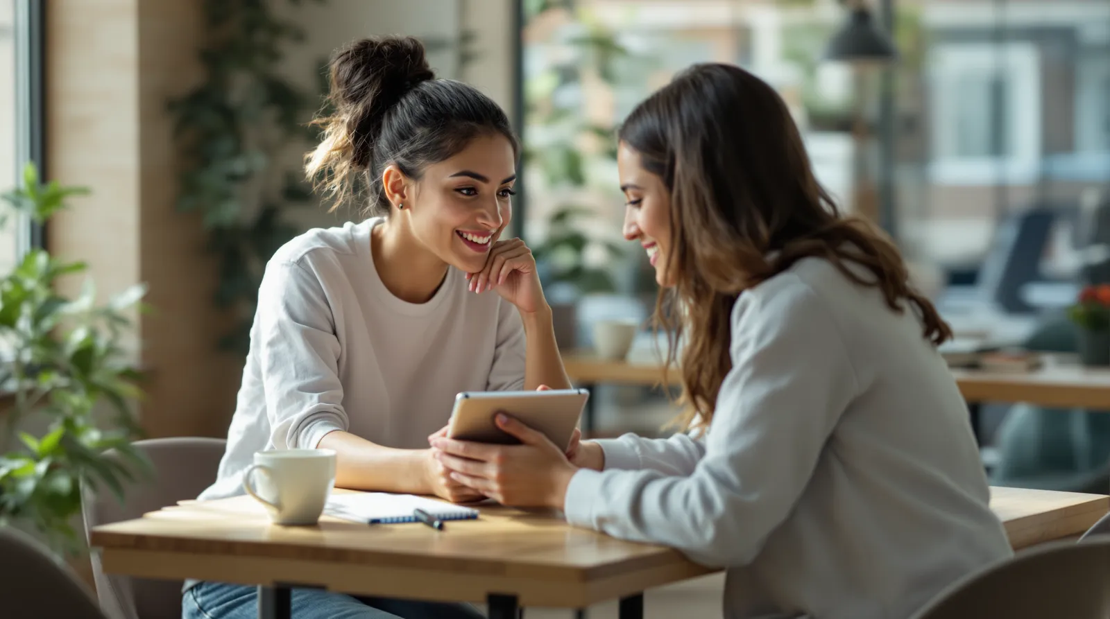 Two women at a cafe table smiling over a tablet one of them is holding