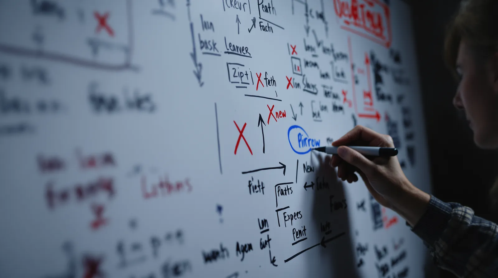 Hand circling a new route in blue on a whiteboard where other routes are crossed out in red