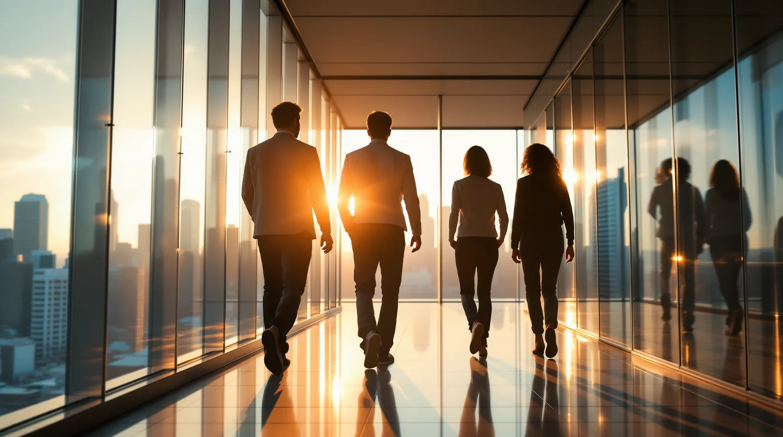 Four colleagues walking down a sunlit glass corridor toward a city skyline at sunset