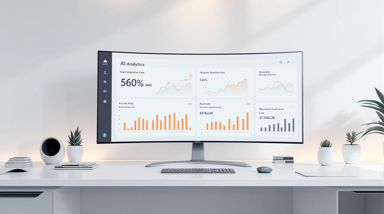 Beyaz bir masada, grafik ve rakamlardan oluşan analitik panosu gösteren kavisli monitör