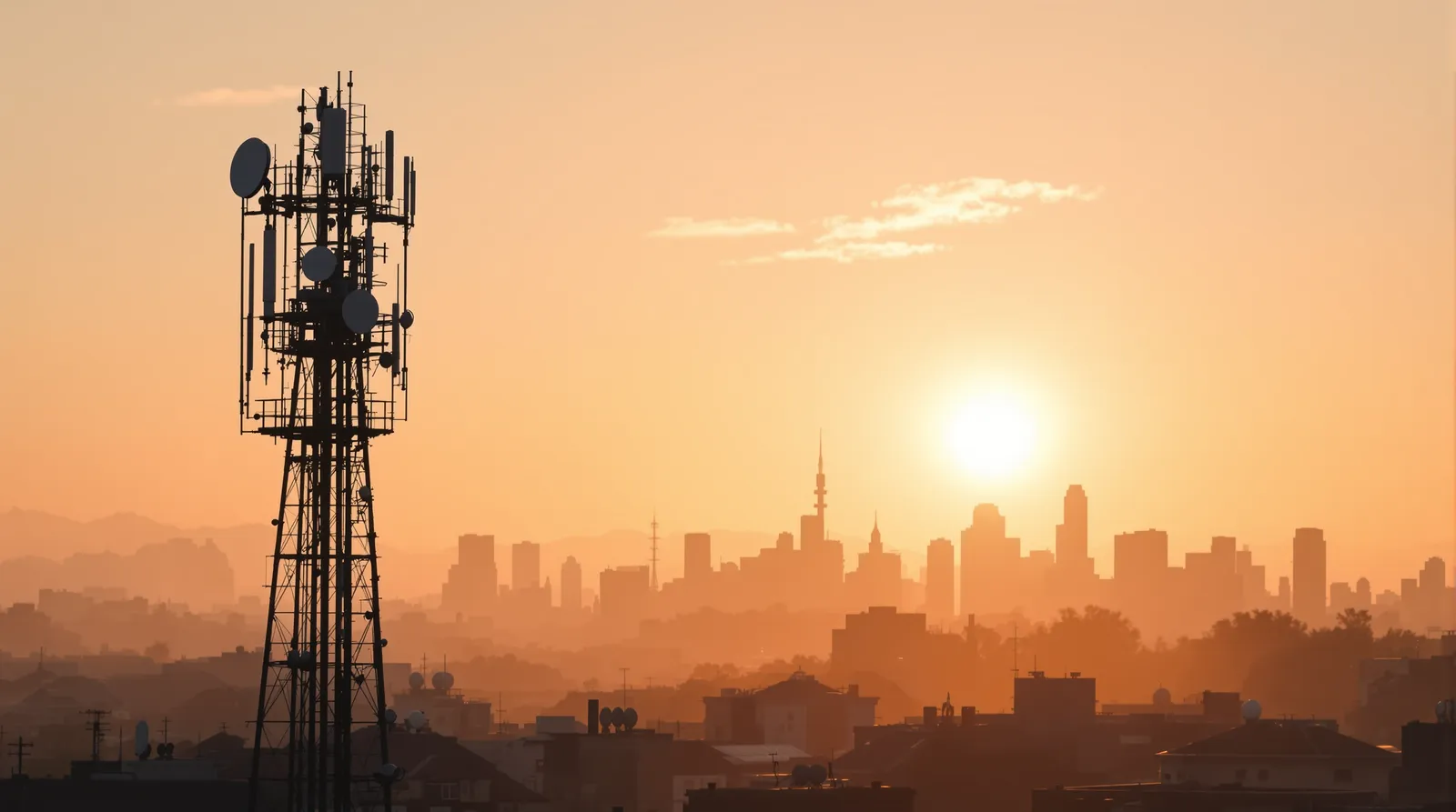 Gün doğumunda puslu şehir silüetinin önünde bir telekom kulesinin silueti