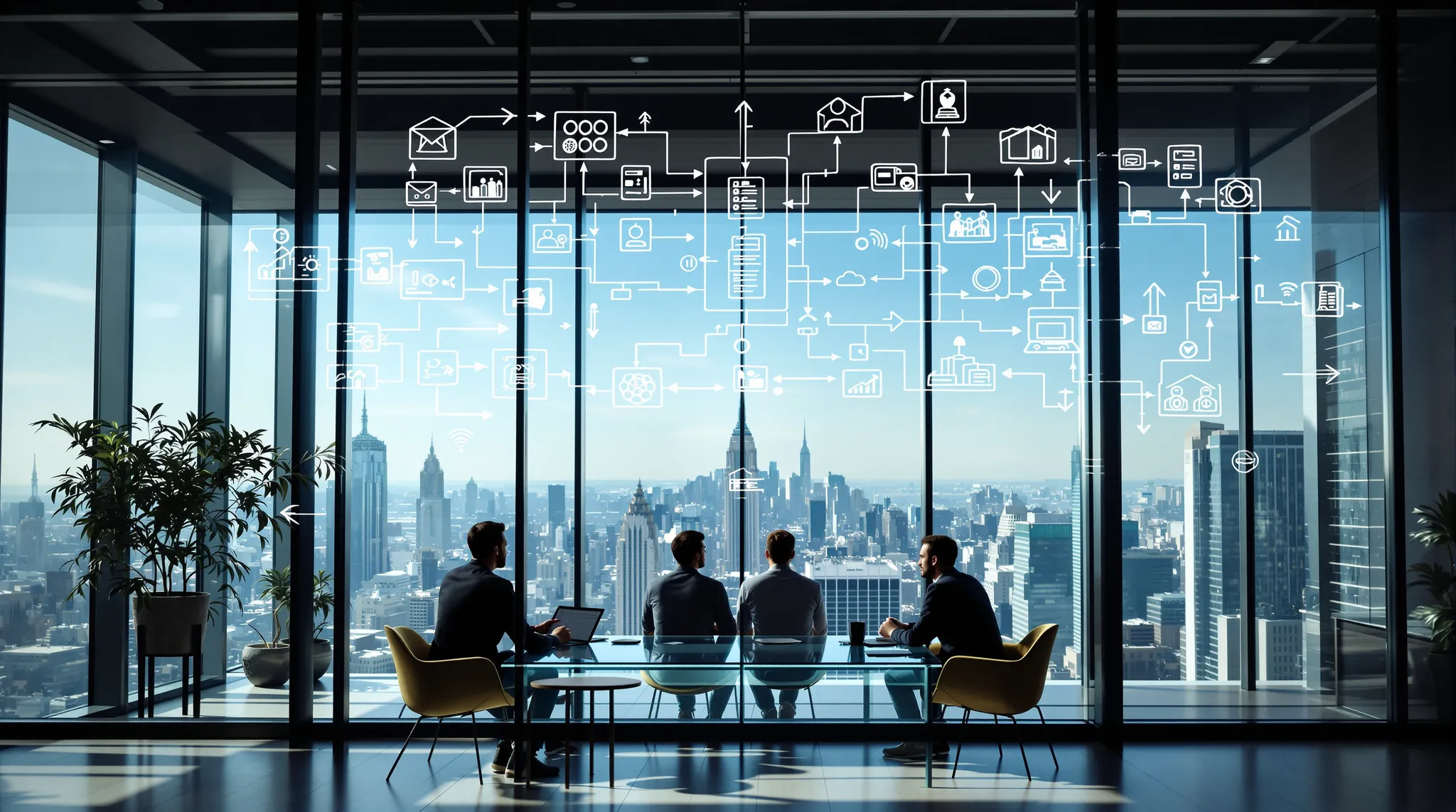 Four colleagues at a glass meeting table, a network of icons and arrows drawn across the window onto the city skyline