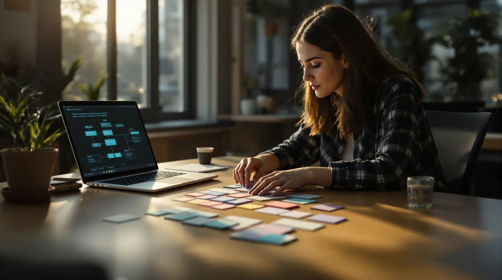 Woman arranging rows of coloured cards beside a laptop showing a flow diagram