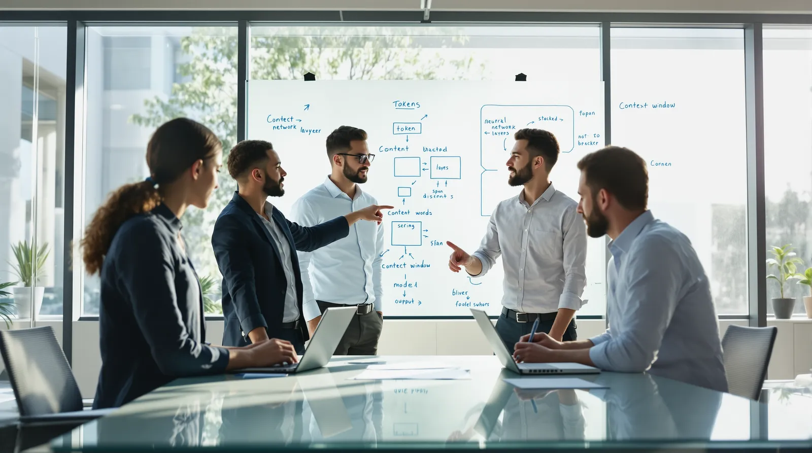 Five colleagues discussing a whiteboard diagram labelled tokens and context window