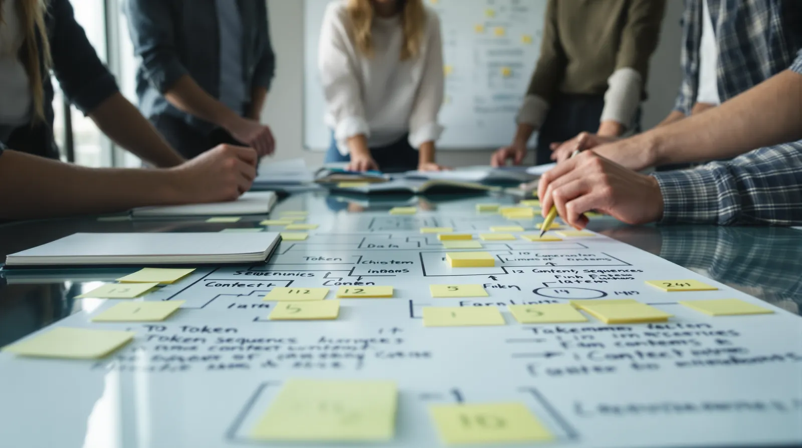 Close-up of a large hand-drawn diagram covered in yellow sticky notes on a meeting table