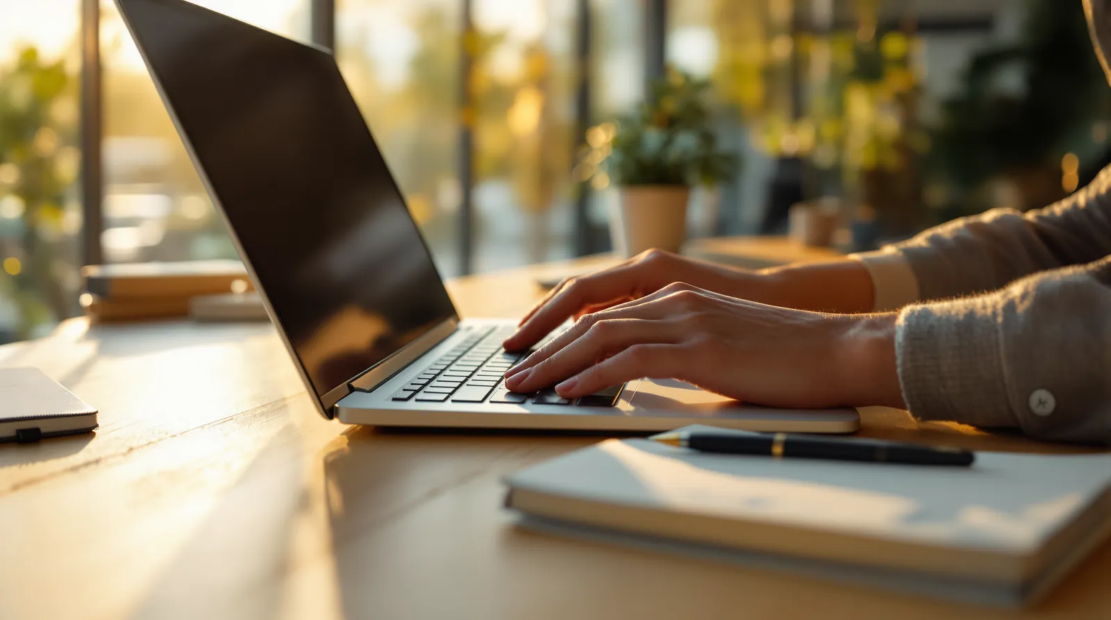 Hands typing on a laptop keyboard at a sunlit desk beside a notebook and pen