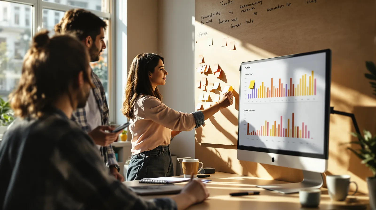 Woman placing sticky notes on a wall beside a monitor showing bar charts, two colleagues watching