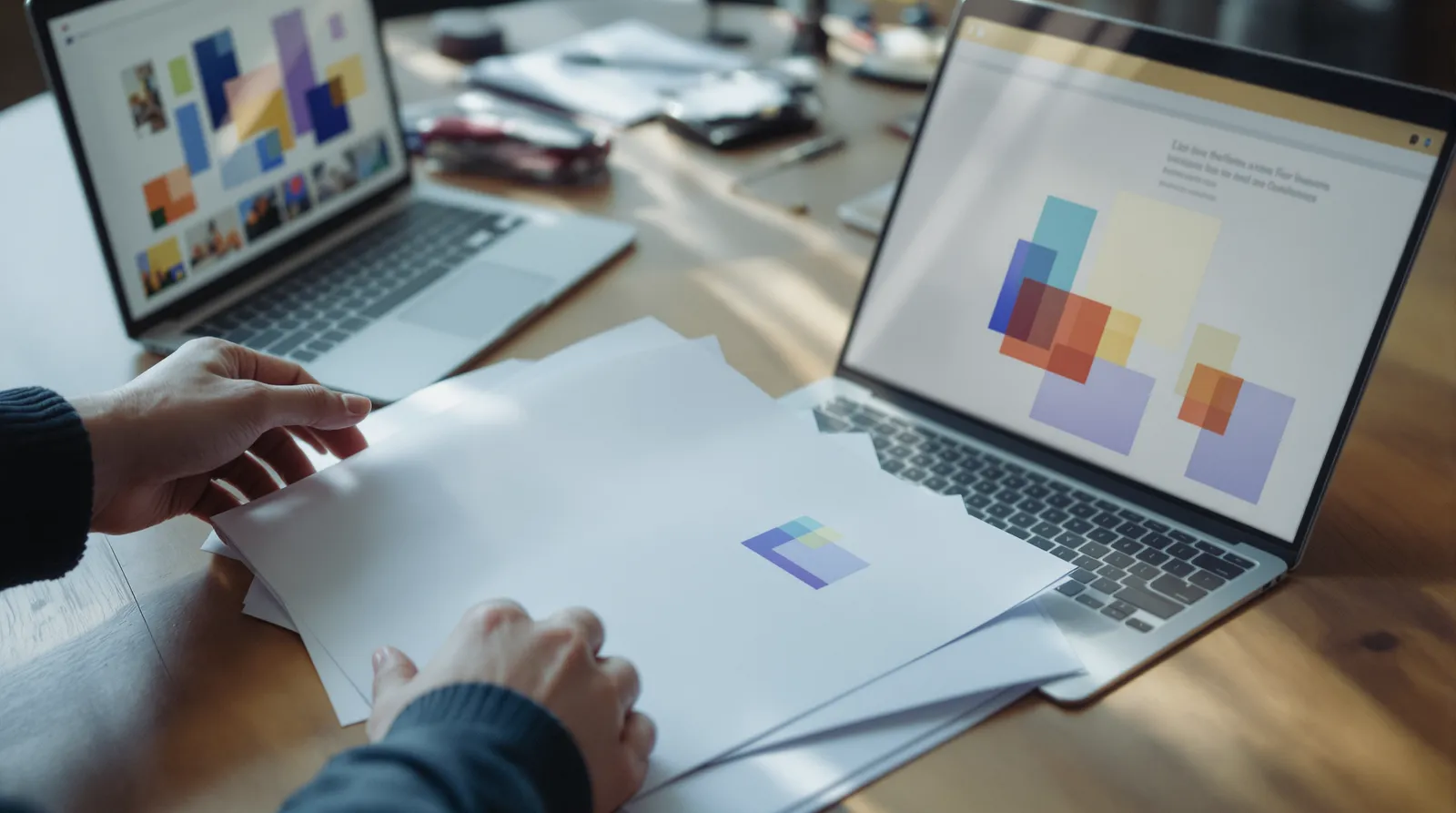 Hands holding printed pages between two laptops showing colour block interface layouts