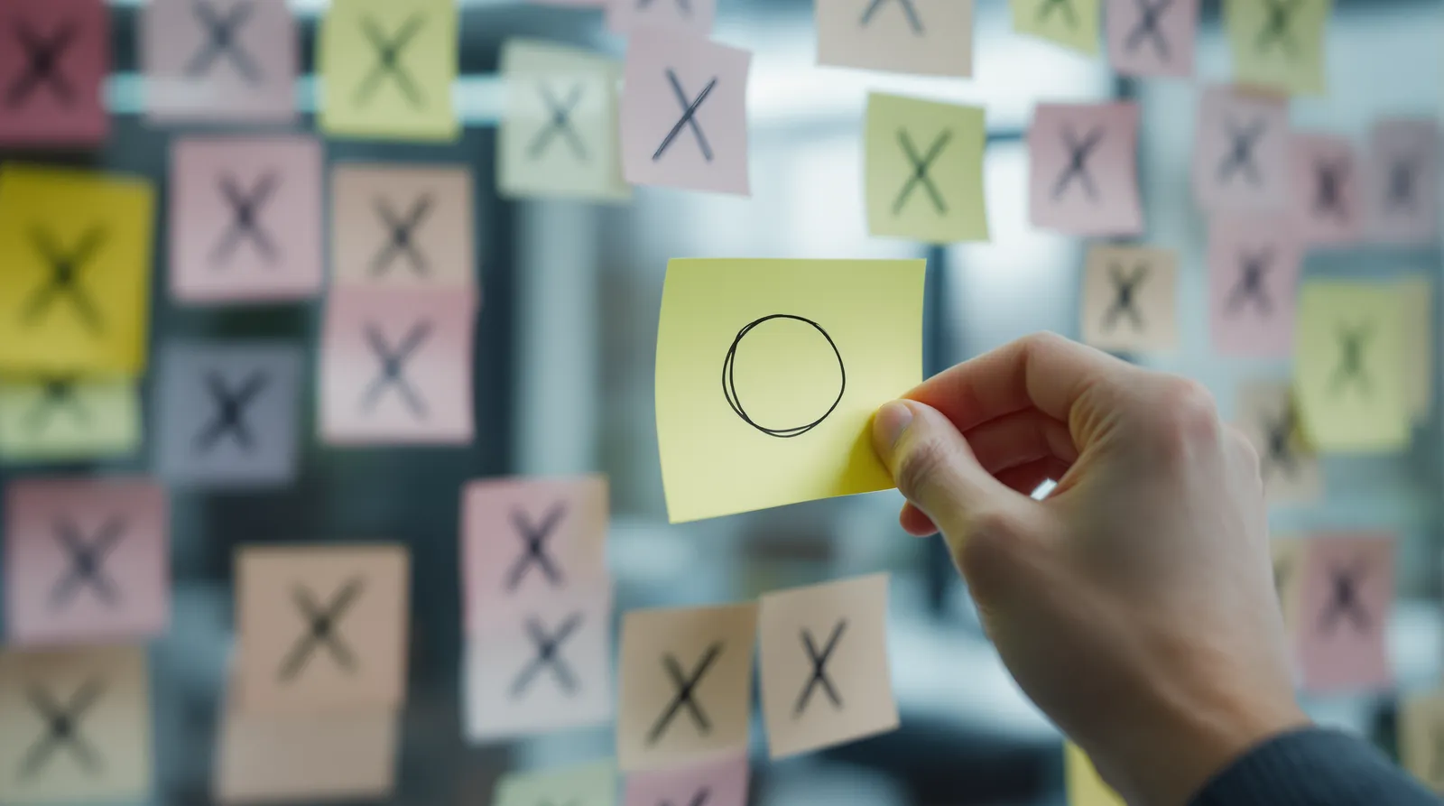 Hand holding a yellow sticky note marked with a circle among notes marked with crosses