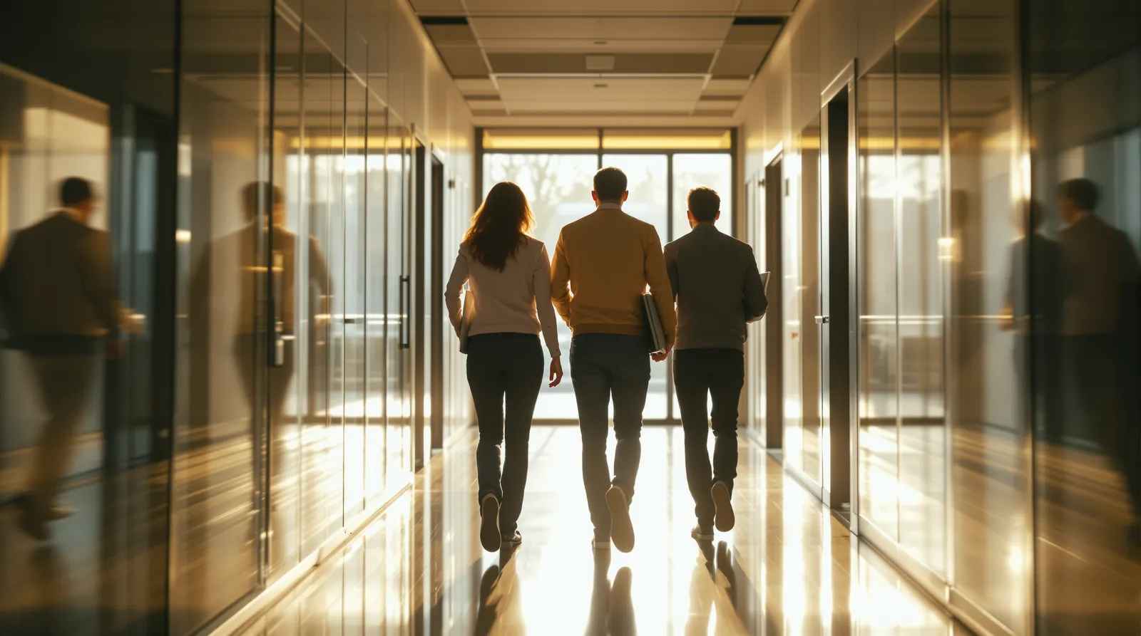 Three colleagues walking down a sunlit glass office corridor, one carrying a laptop
