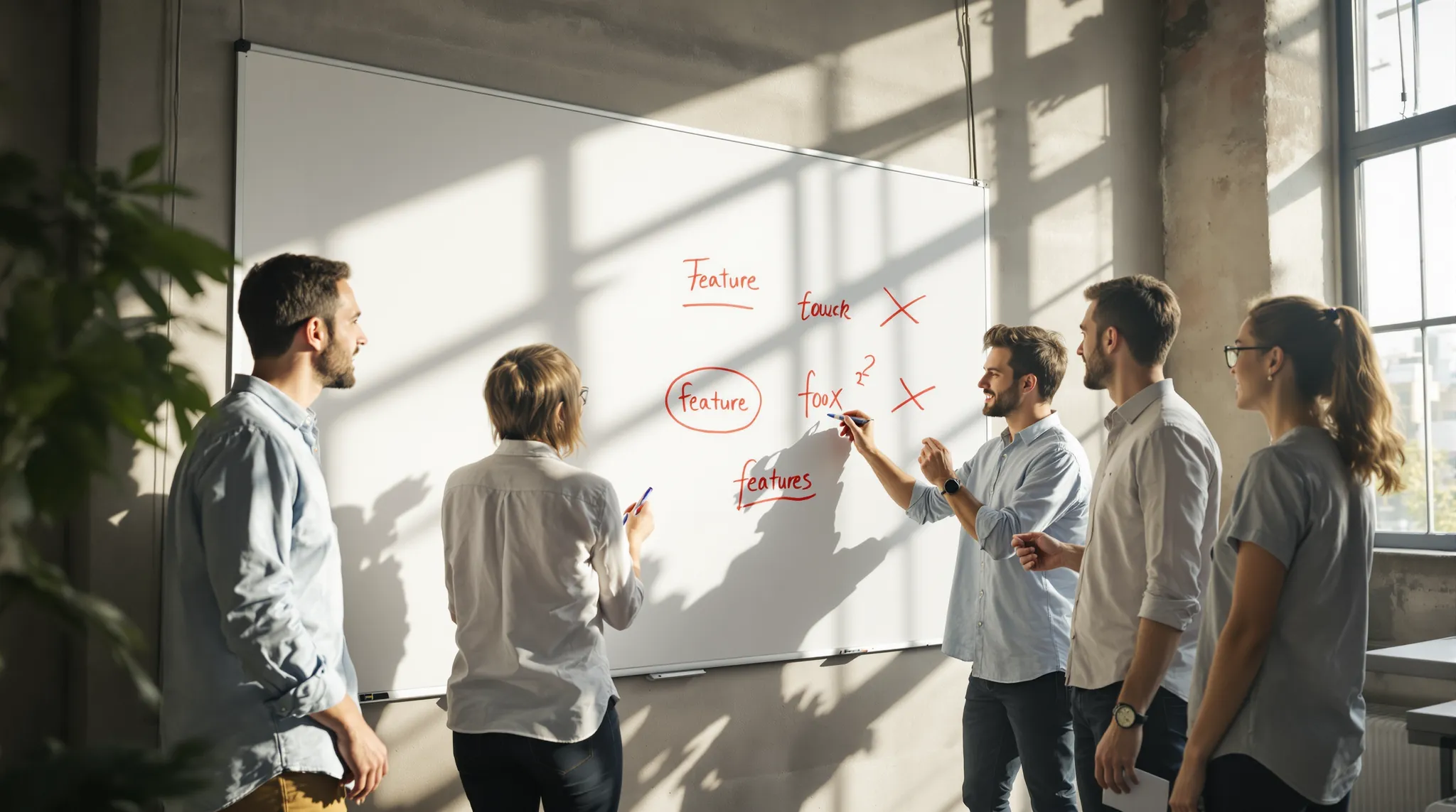Five colleagues at a whiteboard where one feature is circled in red and two others are crossed out