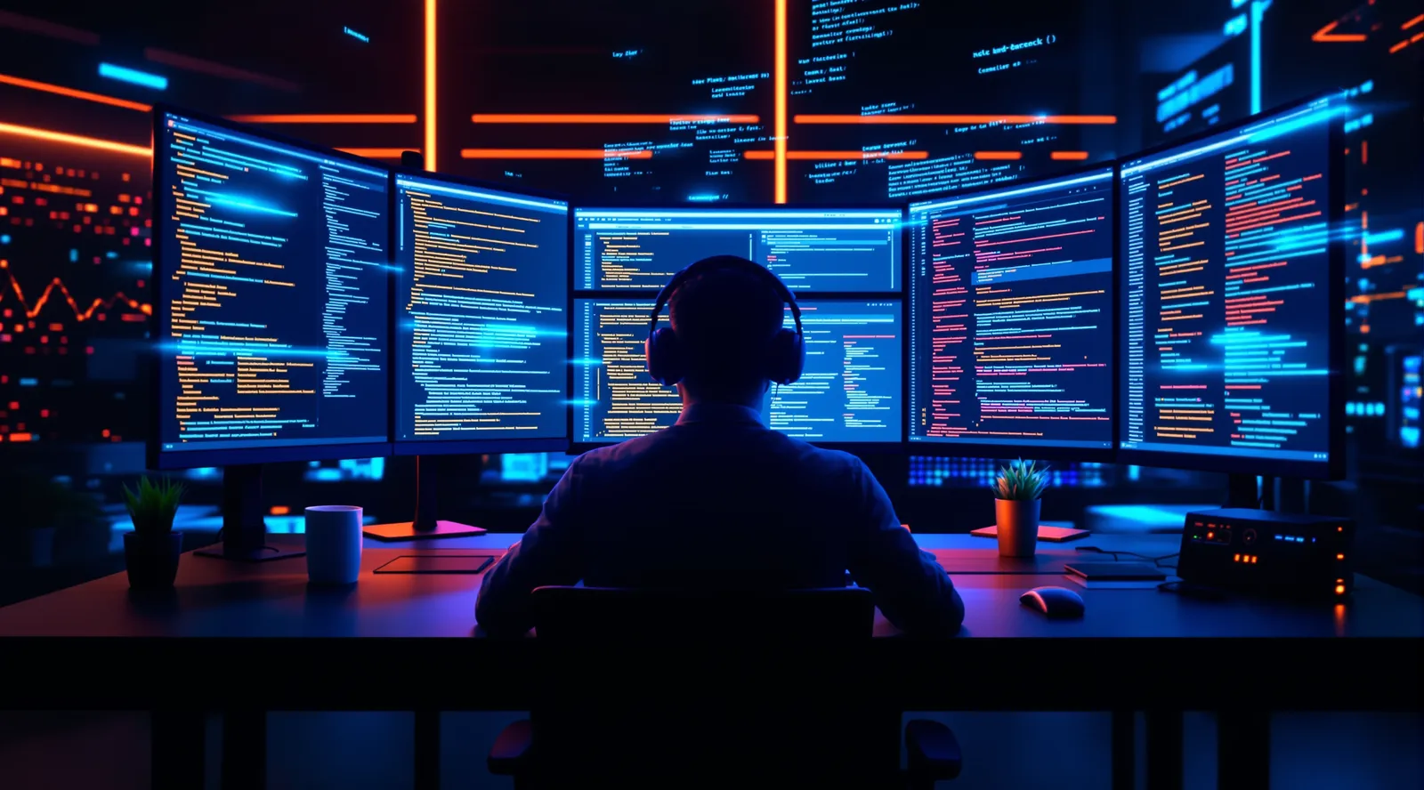 Developer in headphones seen from behind, surrounded by screens of code in a dark room