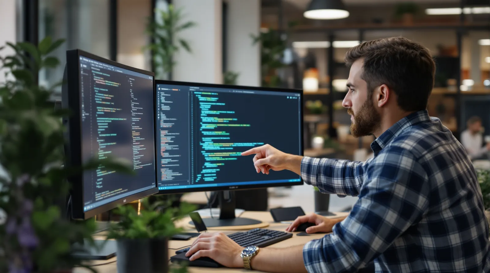 Developer pointing at a line of code on one of two monitors
