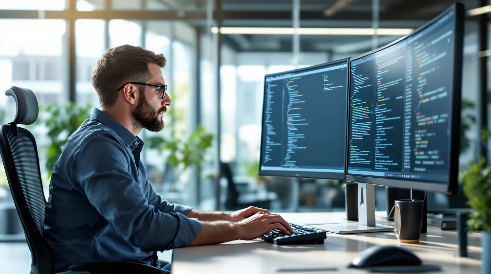 Developer in glasses typing at two curved monitors filled with code