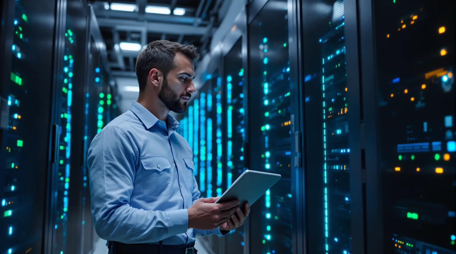 Engineer holding a tablet in a server room lit by rack indicator lights