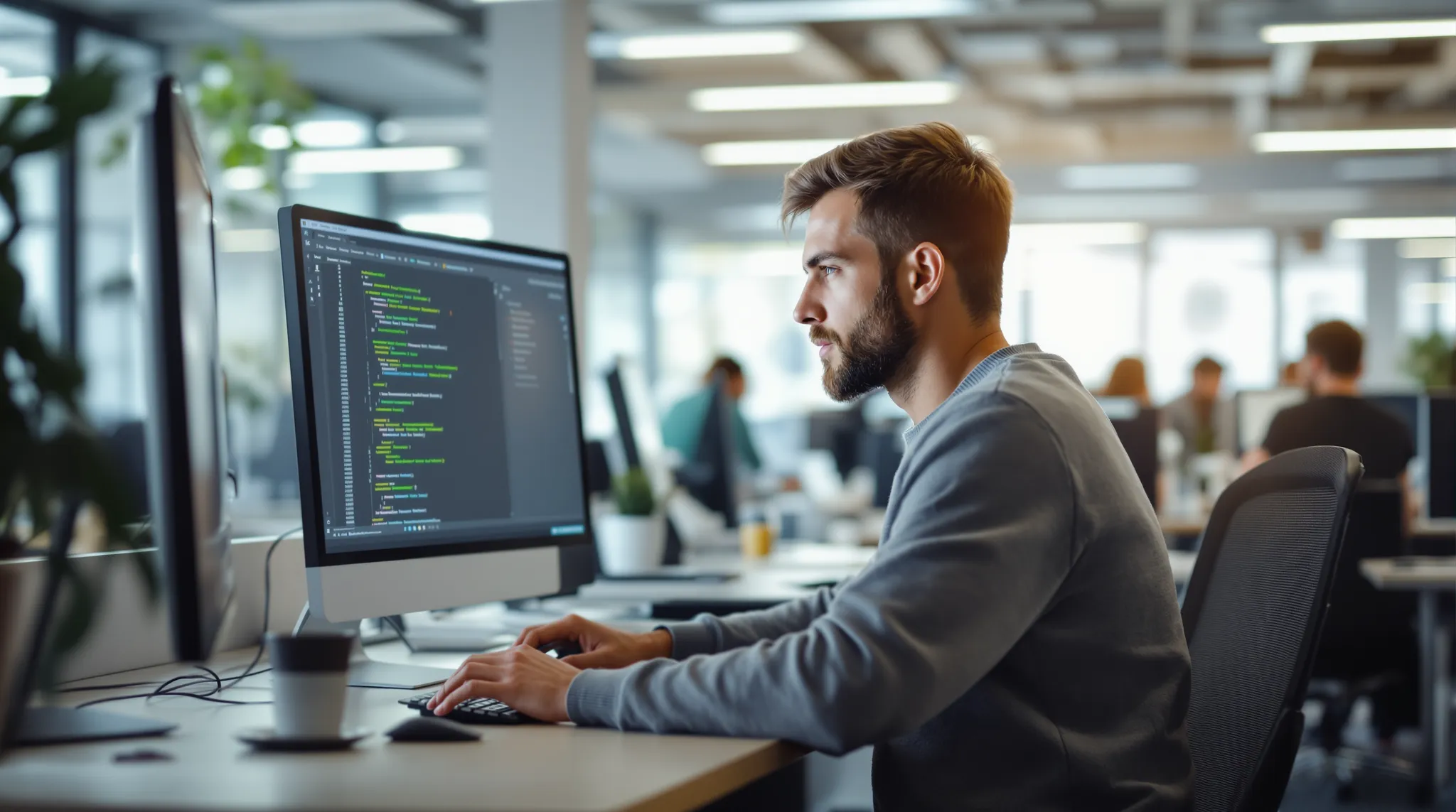 Developer writing code at a monitor in a bright open-plan office