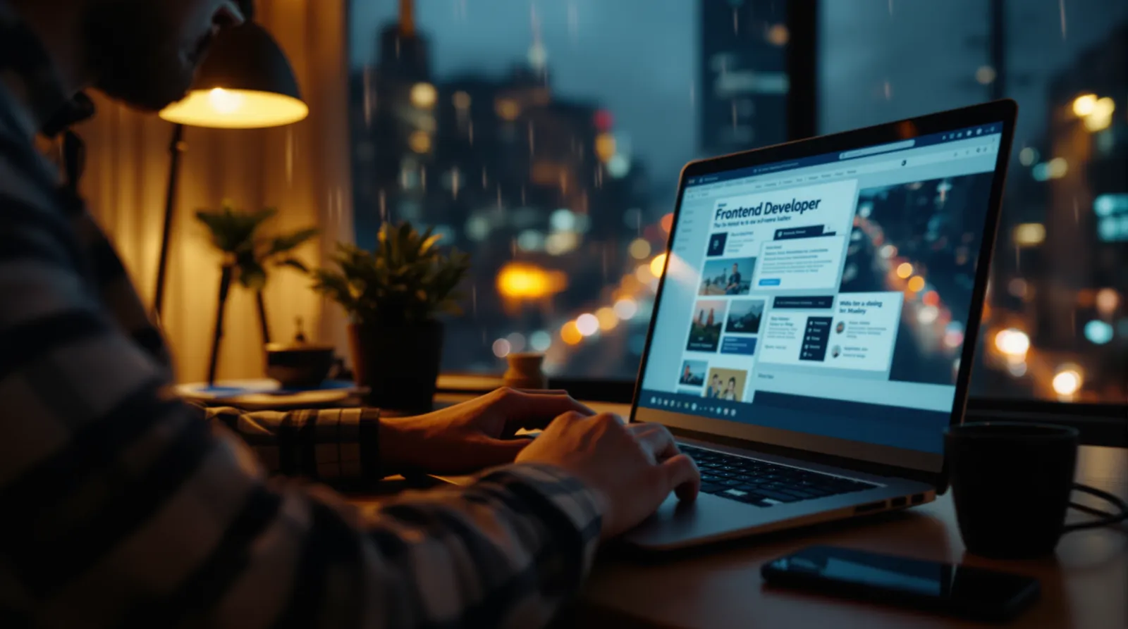 Gece, arkasında şehir ışıklarıyla, “Frontend Developer” başlıklı bir sayfanın açık olduğu dizüstü bilgisayarda çalışan biri