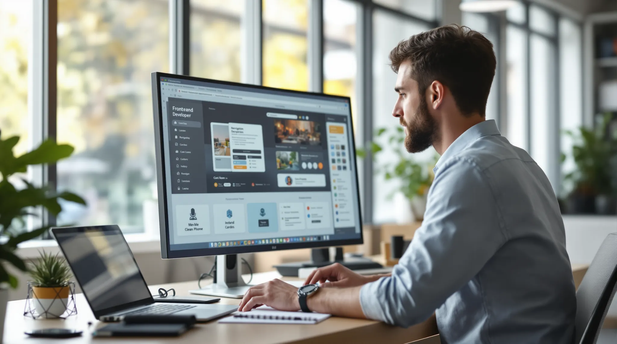 Masasında büyük bir ekranda açık web arayüzü üzerinde çalışan bir geliştirici