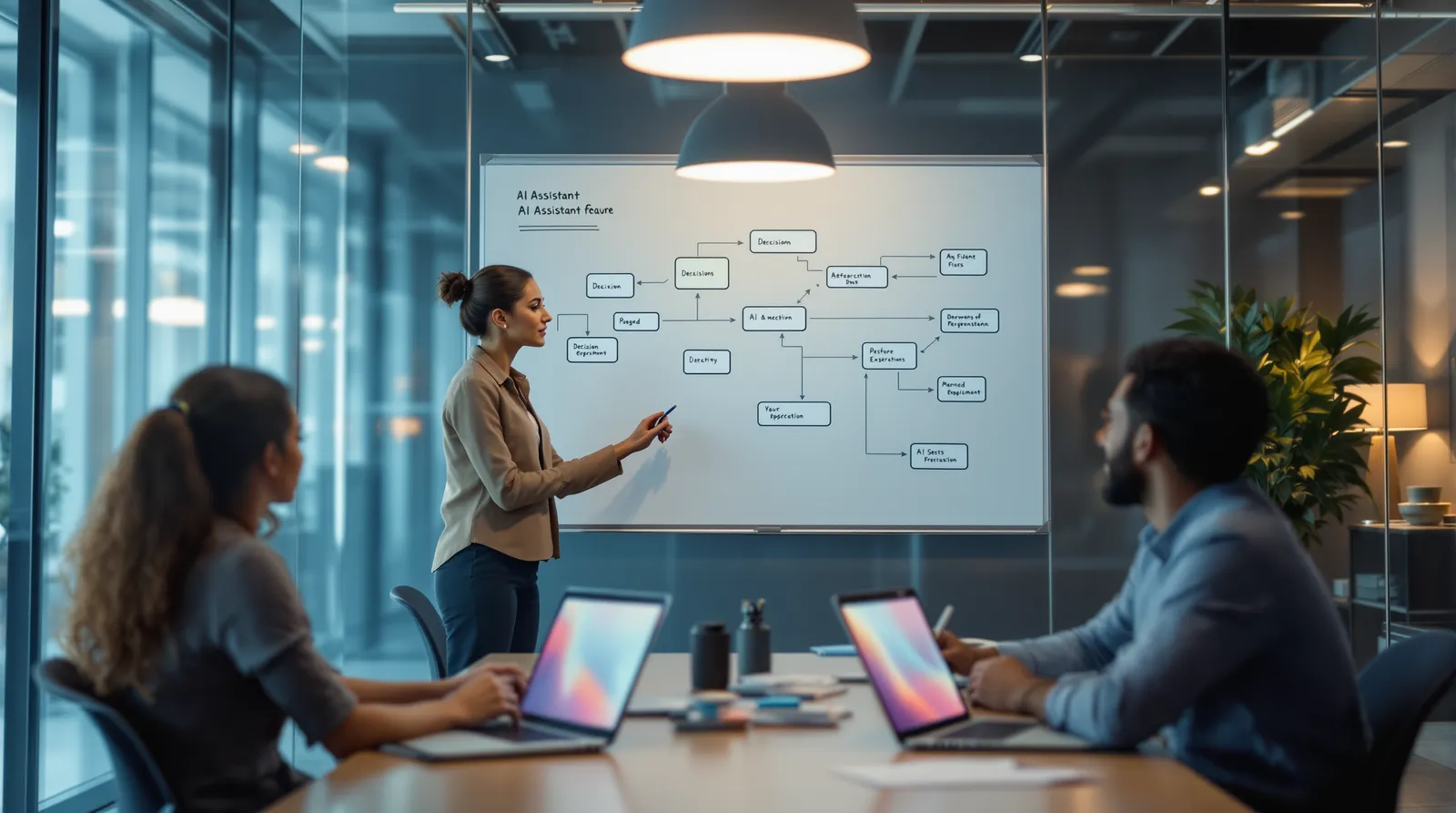Woman presenting a whiteboard flow diagram headed AI Assistant to two seated colleagues