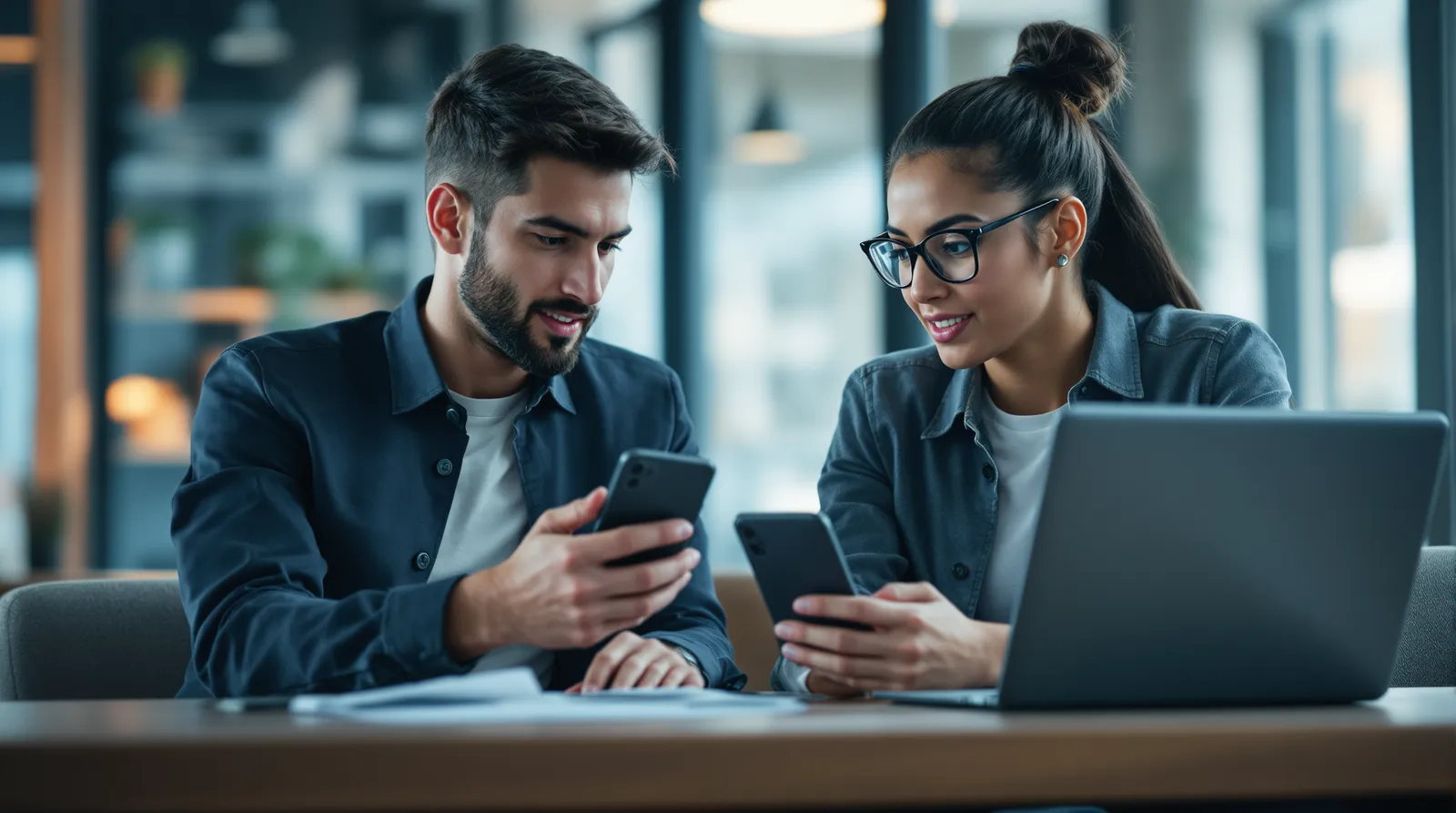 Two colleagues comparing results on their phones beside an open laptop