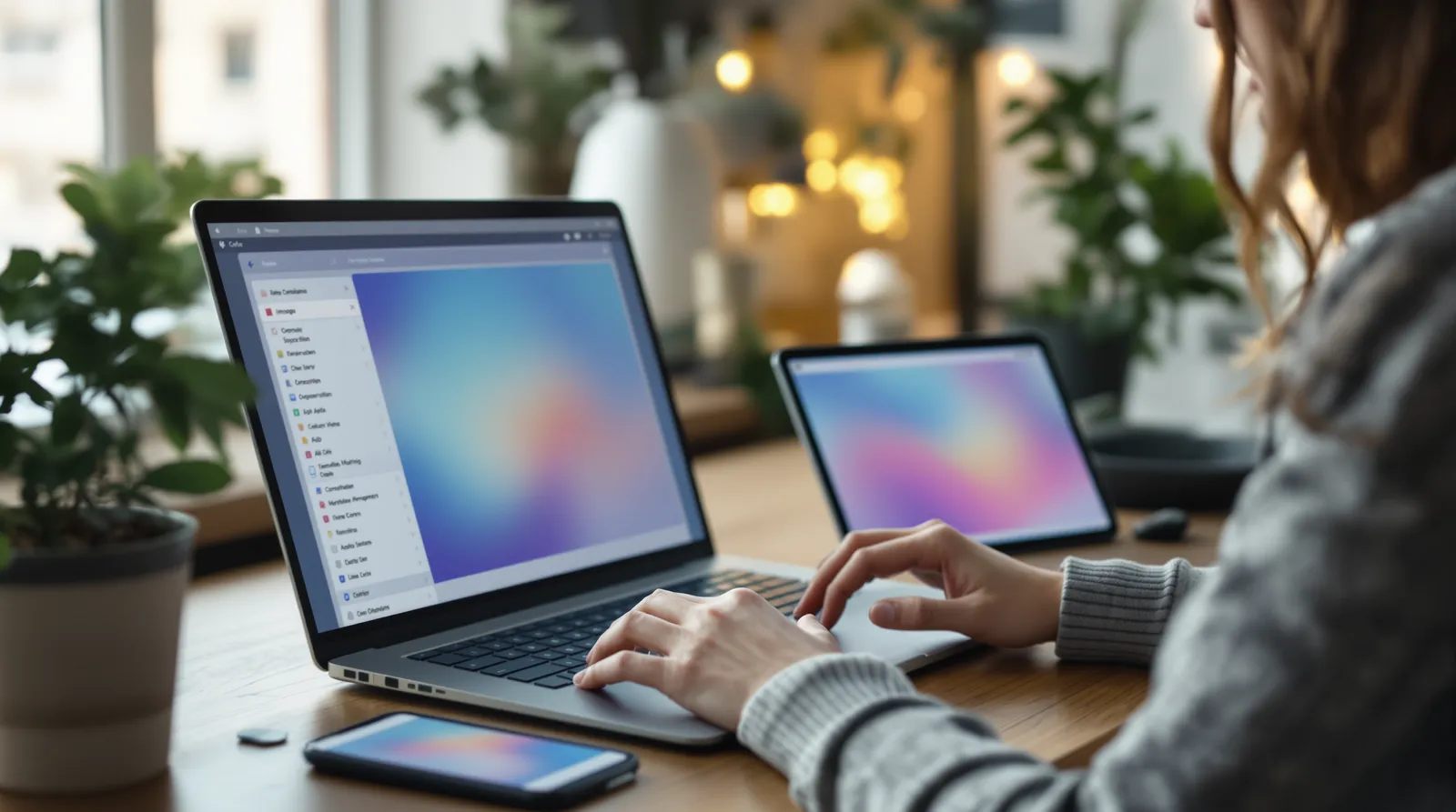 Person working at a laptop beside a tablet and a phone, all three screens showing the same blurred gradient layout