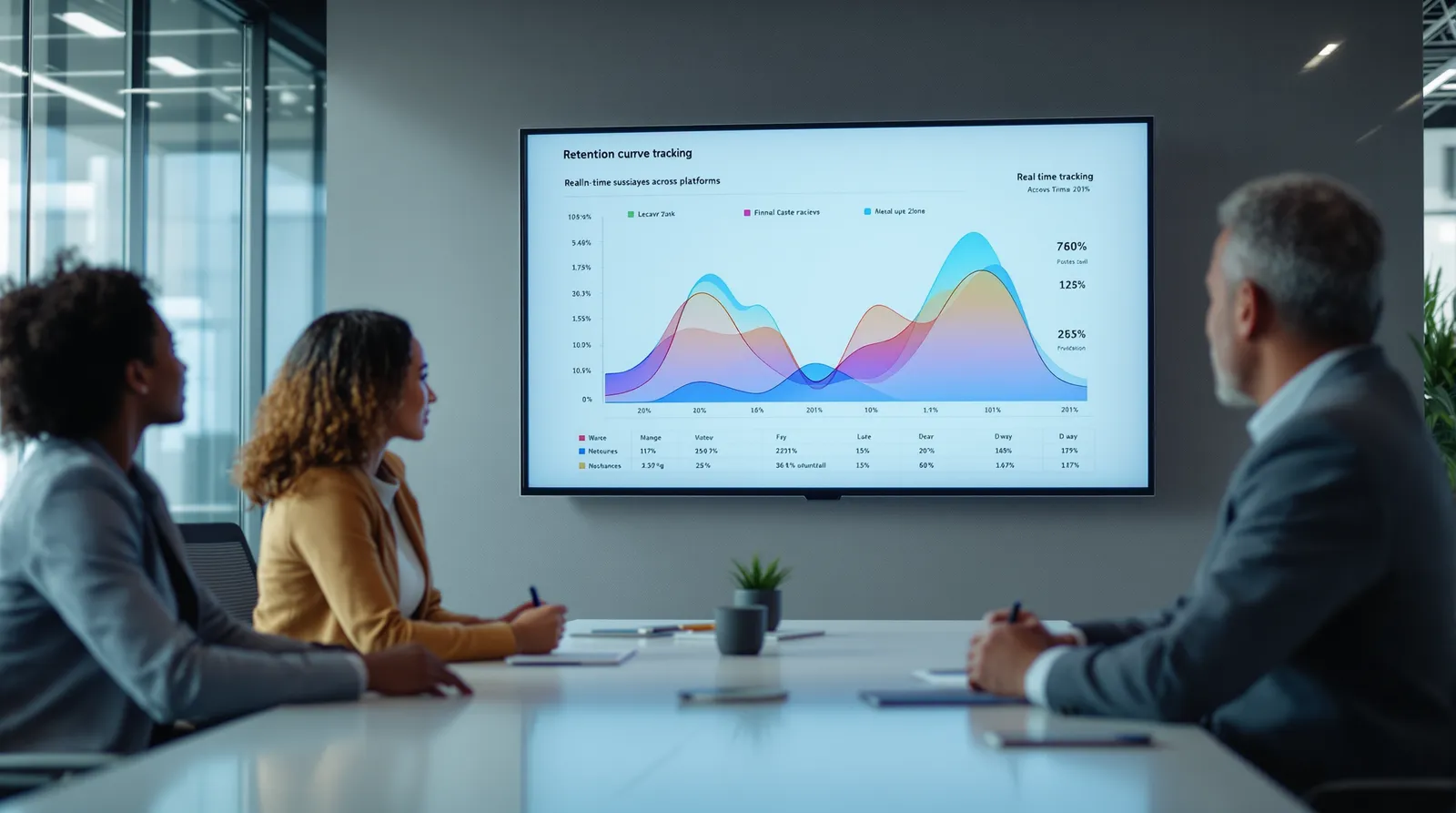 Three colleagues in a meeting room watching a wall screen of overlapping retention curves