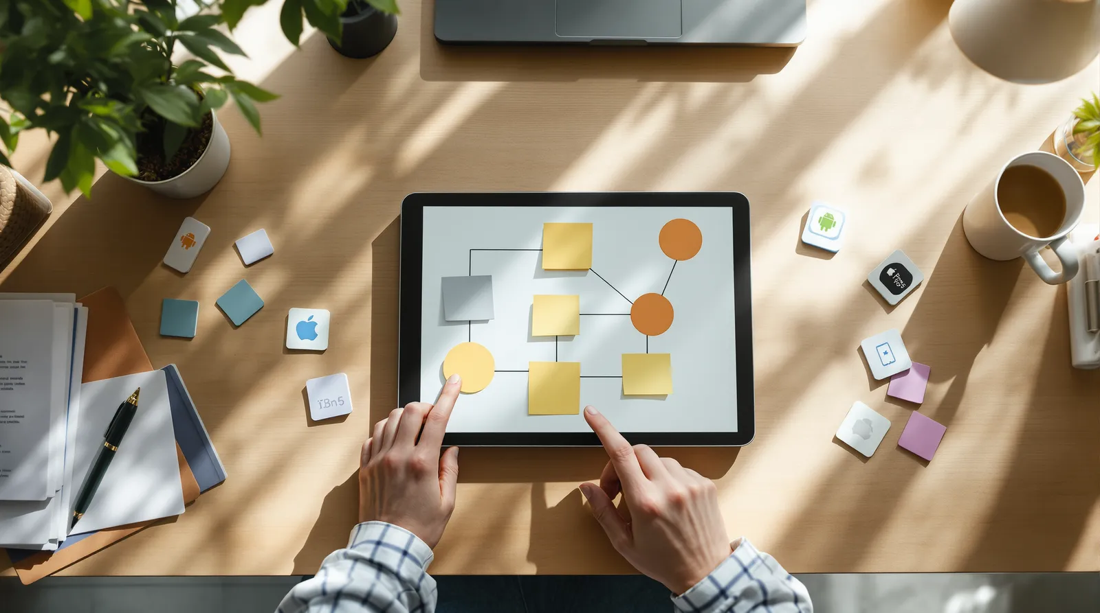 Overhead view of hands arranging a flowchart of notes on a tablet, Apple and Android icon cards scattered around the desk