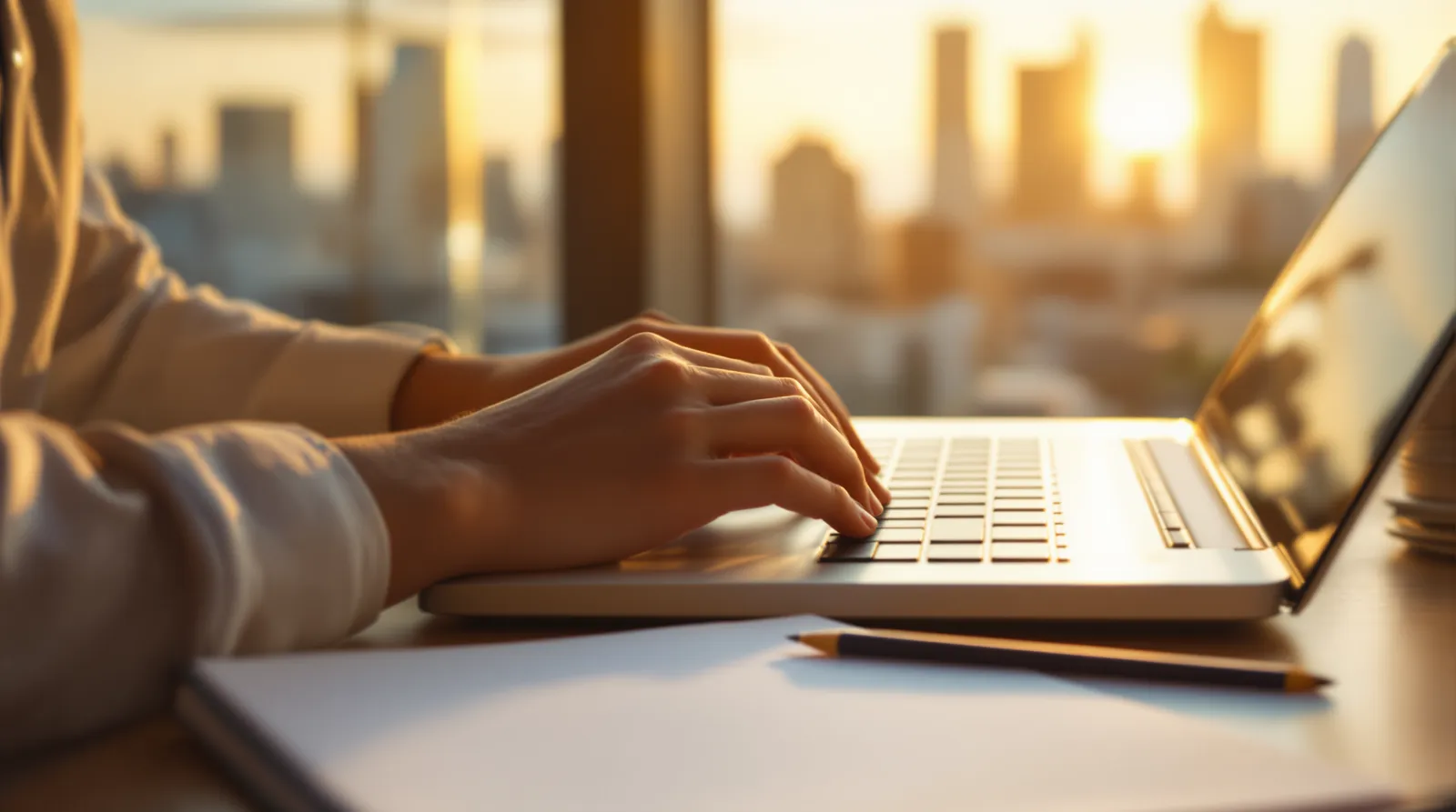 Hands typing on a laptop at a window, city skyline at golden hour behind, notebook and pencil on the desk