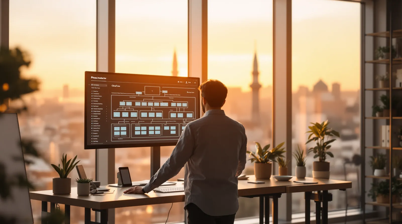 Man at a standing desk facing a large monitor showing an architecture diagram, city skyline at sunset behind the windows