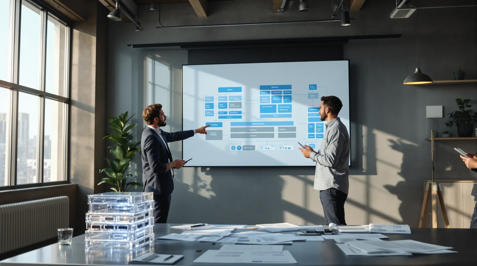 Two colleagues at a projected architecture diagram beside a table holding a stacked translucent server model