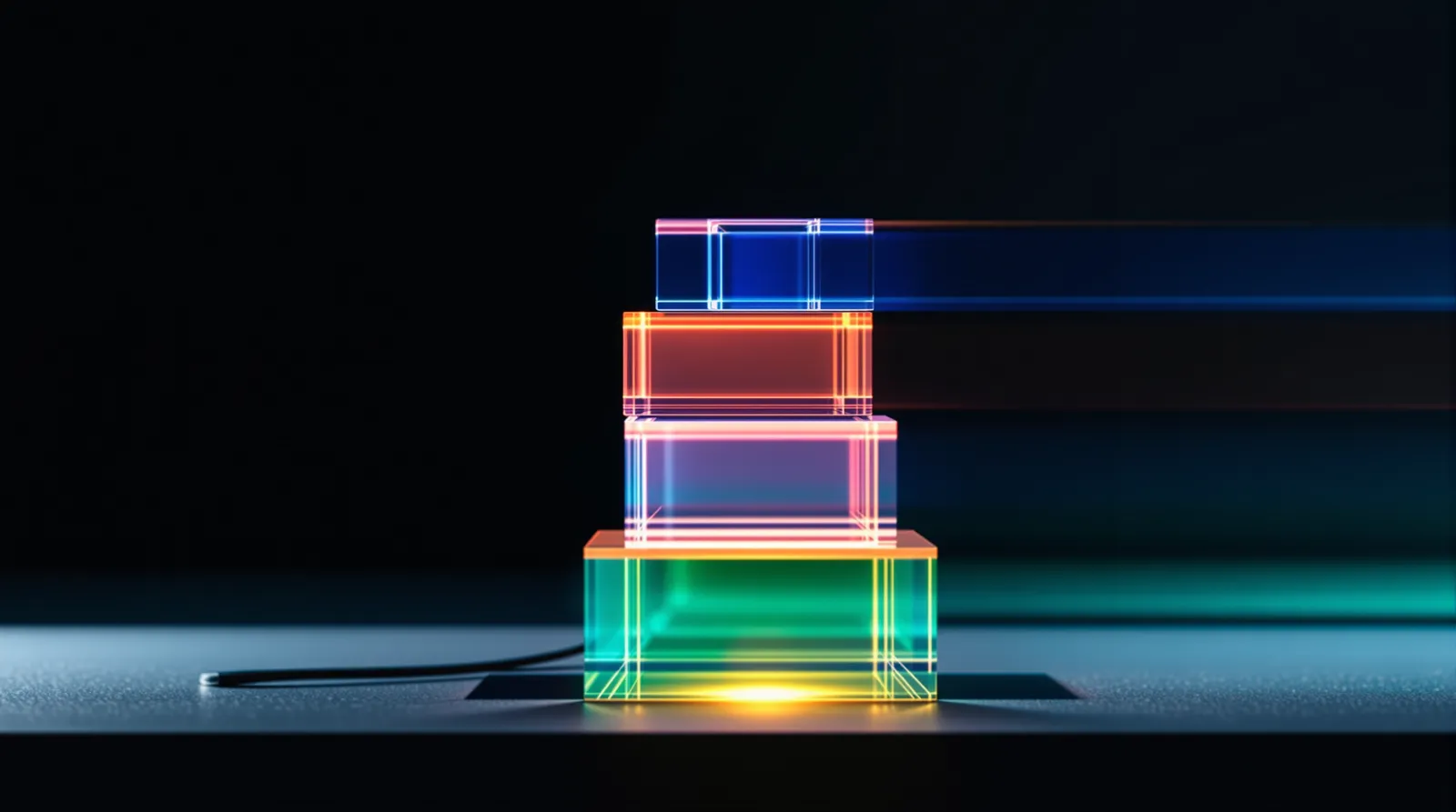 Four translucent blocks glowing in different colours, stacked on a dark surface
