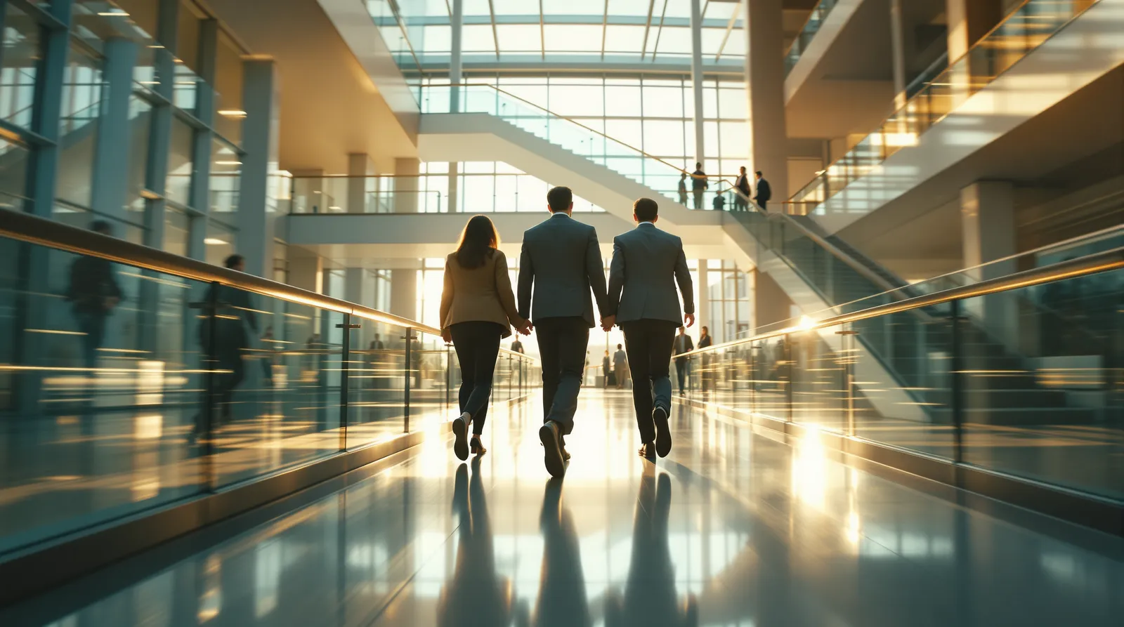 Three colleagues walking through a sunlit office atrium with glass railings and a staircase behind them