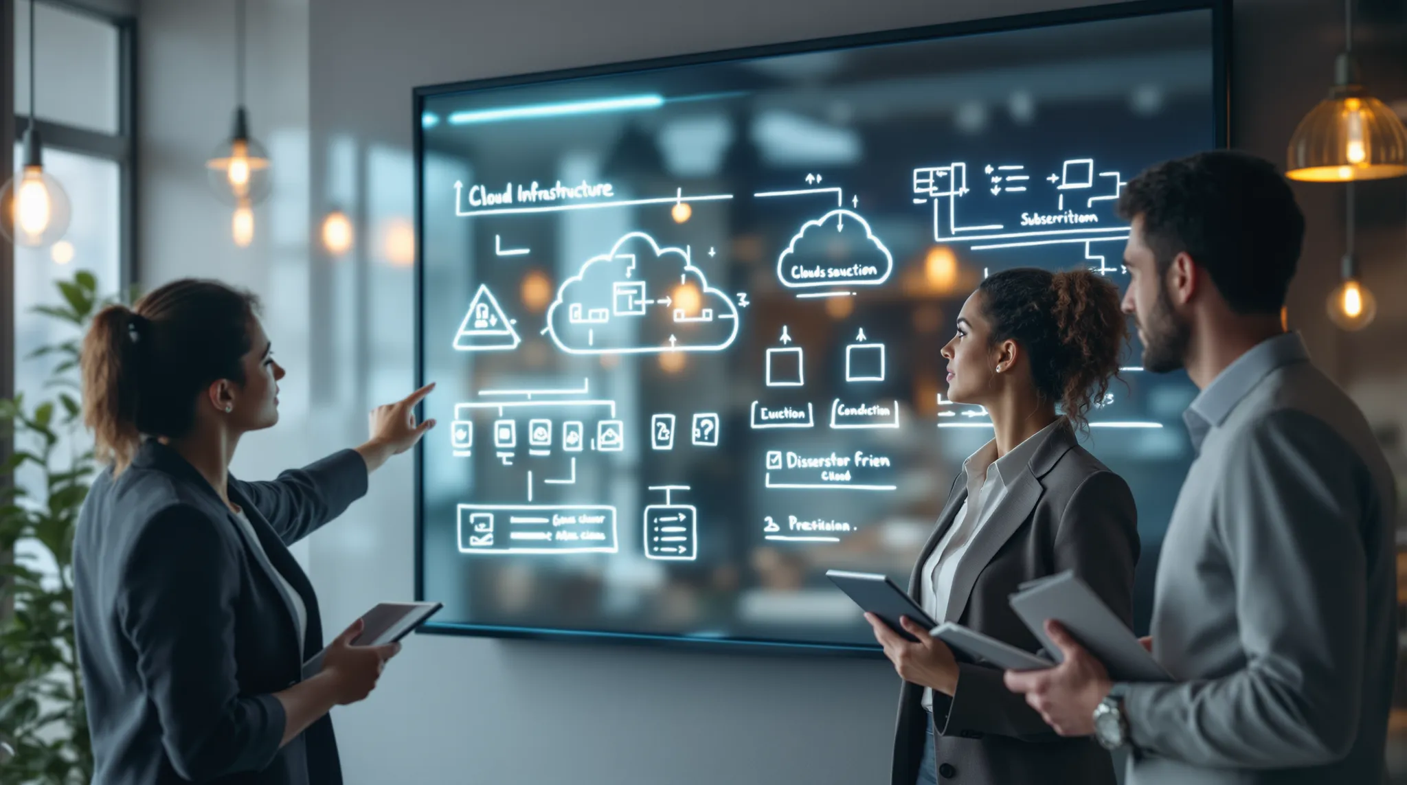 Three colleagues at a wall screen showing a glowing cloud infrastructure diagram, one pointing at it
