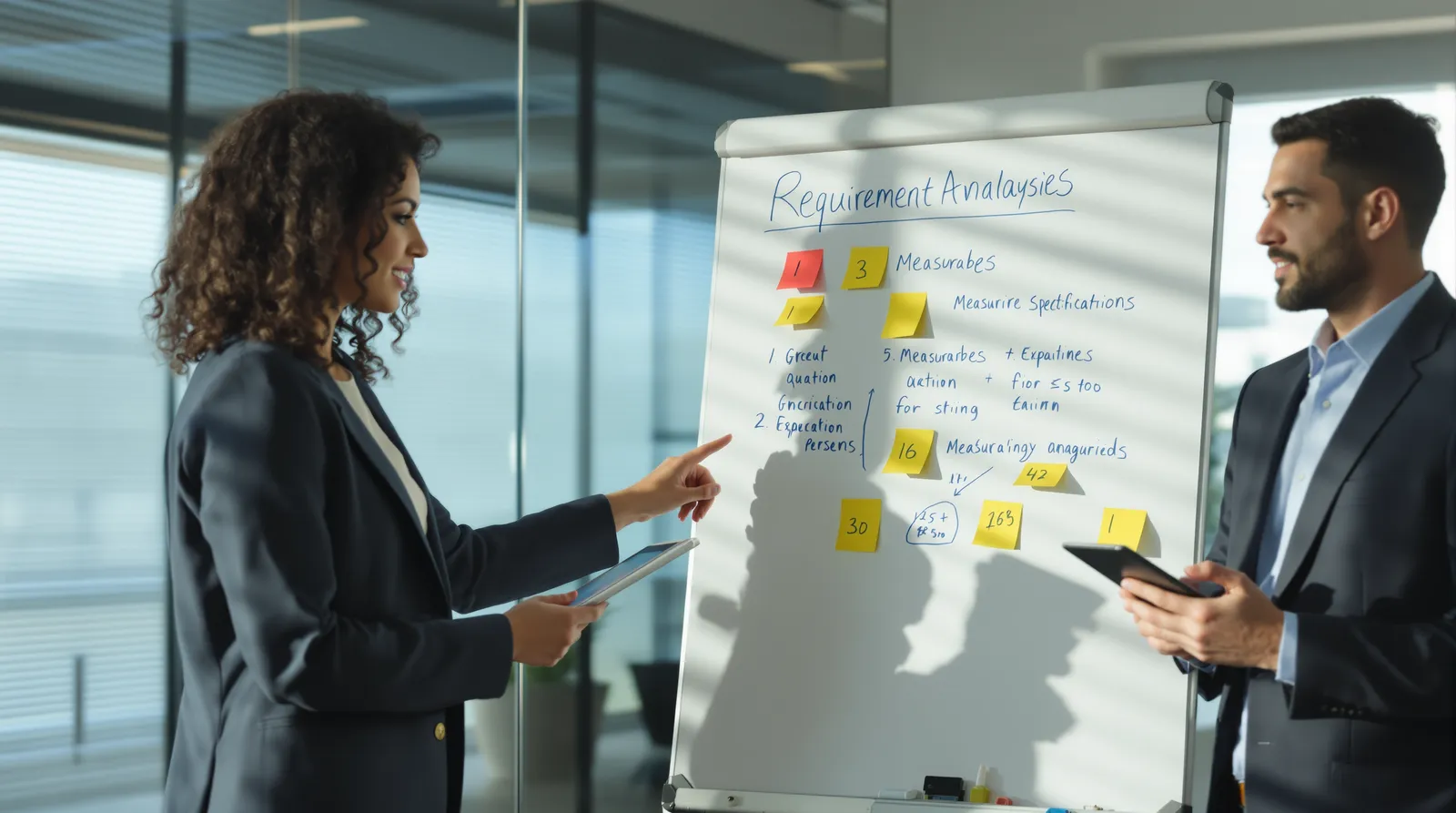 “Requirement Analysis” başlıklı beyaz tahtanın başında, üzerindeki numaralı notları işaret eden iki meslektaş